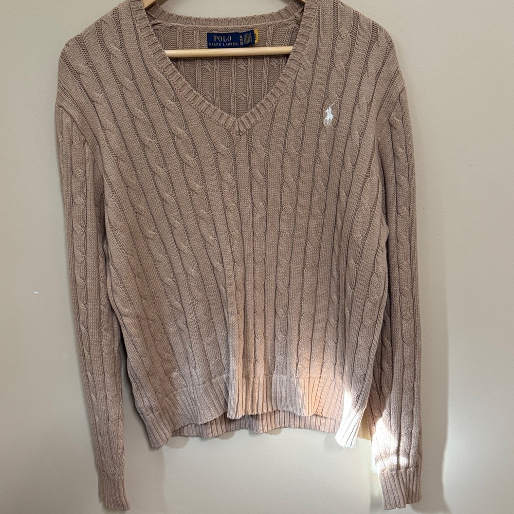 Polo by Ralph Lauren Women's Cable V-Neck Sweater — Light Taupe - Picture 4 of 4
